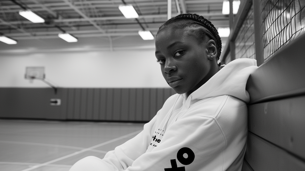 young athlete sitting on ground in branded hoodie