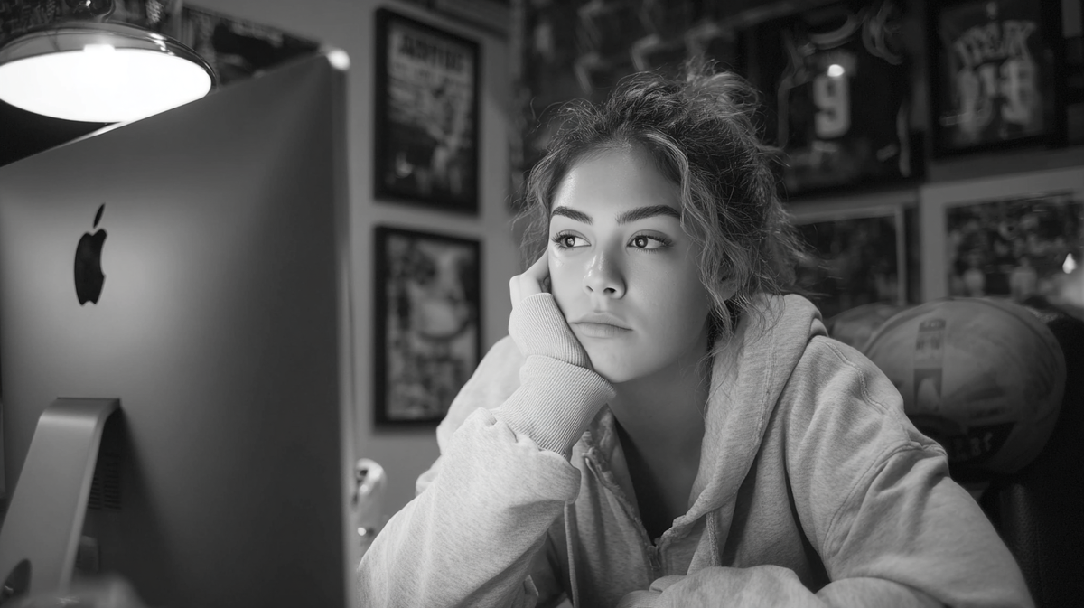 Person in a robe sitting in front of a computer screen in a room with posters on the wall.